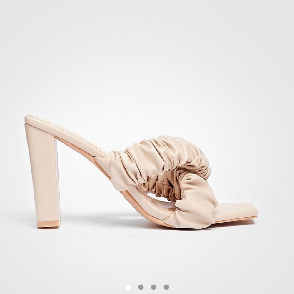 Faux leather ruched cross strap heeled mules